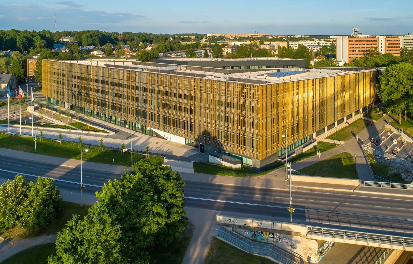 The golden Delta Centre building of the University of Tartu seen from above